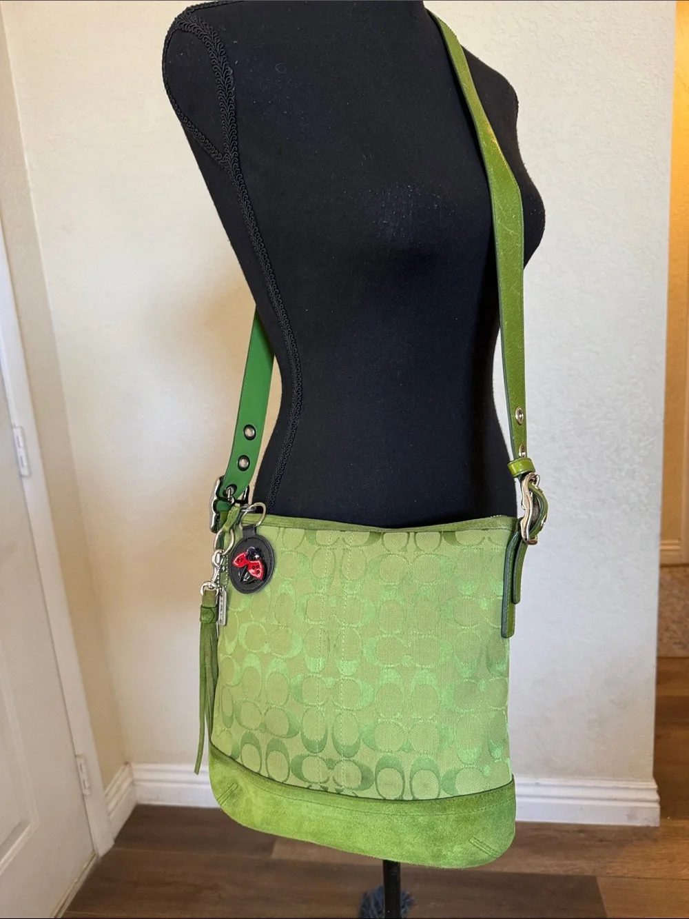 Coach Green 💚 #9362 crossbody bag with ladybug 🐞 keychain
